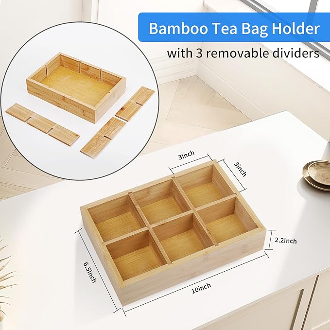 Wood Tea Bag Organizer with 6 Slots – Tea Bag Holder and Tea Organizer, Sugar Packet Storage for Countertops，Small Tea Packet Storage Box for Drawer, Removable Dividers,10 x 6.5 x 2.2inch
