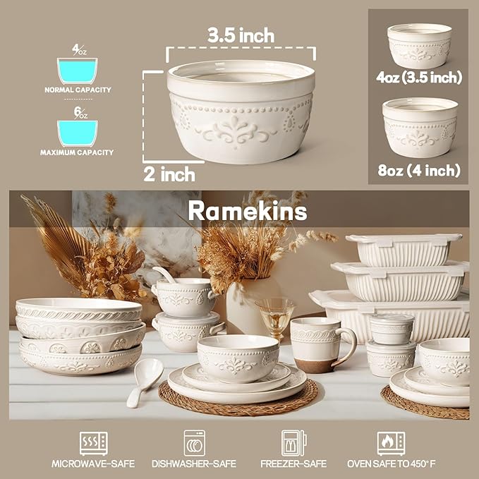 Artena Ramekins Oven Safe, Creme Brulee Ramekins, Embossed White Ceramic Ramiken, Souffle Pudding Custard Cups, Baking Dish, Dipping Bowls, Sauce Cups, Set Of 4 (4 oz, Damask Floral)