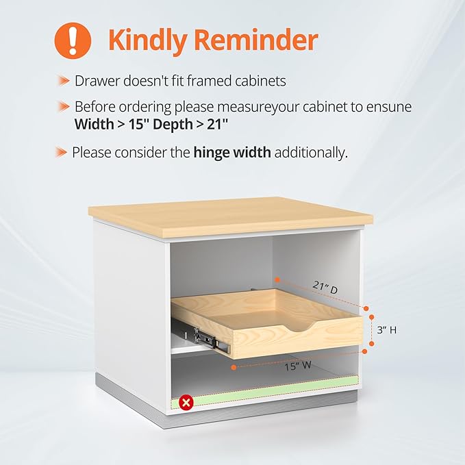 ZOINLIY 15''W X 21''D X 3''H Wooden Pull Out Drawer for Cabinet, Cabinet Organizer for Kitchen, Soft Close Slide Out Shelves, Heavy Duty, Fully Expandable - Bottom Mounting