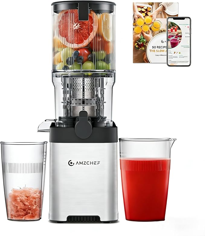 Cold Press Juicer Machine, 5.3" Extra Self-Feeding Chute for Whole Vegetables & Fruits, Large Auger & Triple Strainers, High Juice Yield, Easy to Clean, Stainless Steel Silver