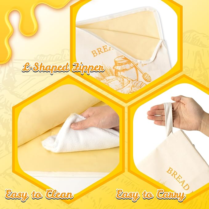Reusable Beeswax Bread Bags - 2PCS Wide Zipper Access Bees Wax Homemade Sourdough Bread Food Storage Bag, L-shaped XL Coated Cotton Waxed Freezer Freshness Preservation for Home Kitchen Baking