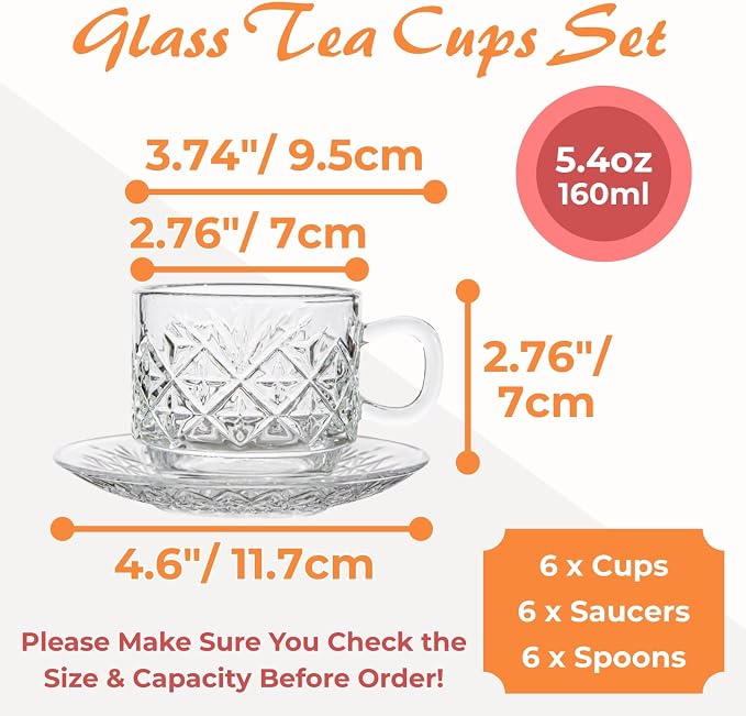 Atarvana 6 Pack Glass Tea Cups and Saucers Set with Spoons, Glazeal Stackable 5.41oz/160ml Heat-Resistant Espresso Cups, Transparent Tea Glass for Cappuccino, Latte, Cafe and Home Kitchen Use