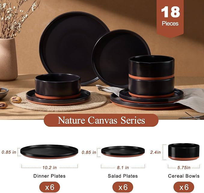 LIANYU Plates and Bowls Sets, 18 Pieces Stoneware Dinnerware Set for 6, Modern Kitchen Dinner Set Ceramic Dishware Dishes Set, Microwave and Dishwasher Safe, Charcoal Black
