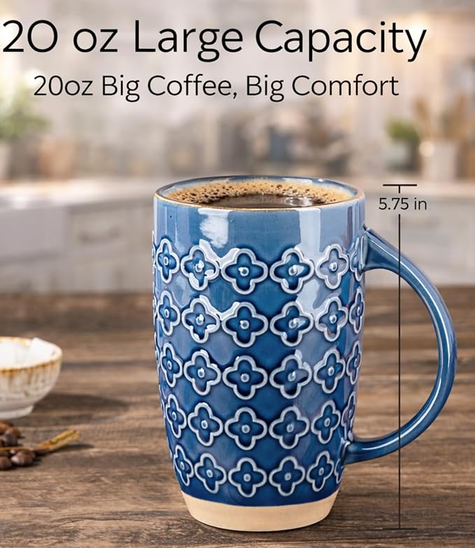 GBhome 20oz Large Coffee Mugs Set of 6, Handmade Tall Ceramic Coffee Mugs with Texture Patterns for Cappuccino, Latte,Hot Cocoa, Dishwasher & Microwave Safe-Moonlight Blue