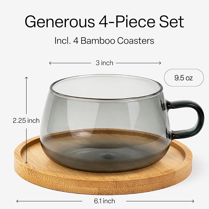 MIAMIO - 4x Glass Coffee/Tea Cups with Saucer (9.5 oz), Cappuccino Mugs/Tea Cup/Glass Mug for Coffee, Tea, Matcha, Latte, Coffee Cup with Saucer in a Set of 4 - Olea (Grey)