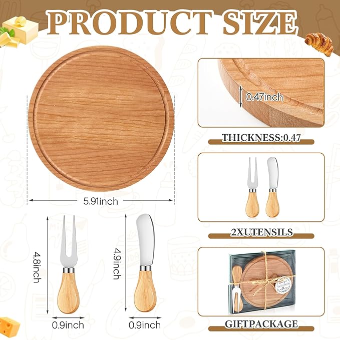 Maxcheck 1 Set Baby Shower Bridal Game Prizes for Winners Round Cheese Board Set Wood Mini Charcuterie Board with Knives and Forks Thank You Card with Gift Box for Guests Wedding (Cherry Wood)