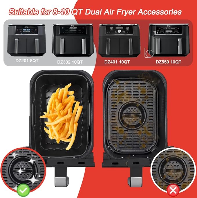 Dual Air Fryer Accessories, Reusable Compatible for Ninja Foodi DZ201, DZ401, DZ550, DZ302, COSORI 9QT, Chefman, Instant, and 6-in-1 8-10QT Dual Basket Air Fryersr,Silicone Liner, Grill