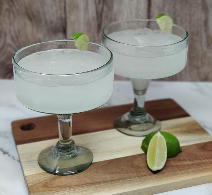 Dos Sueños Mexican Hand Blown Glass – Set of 4 Natural Clear Hand Blown Margarita Glasses (16 oz)