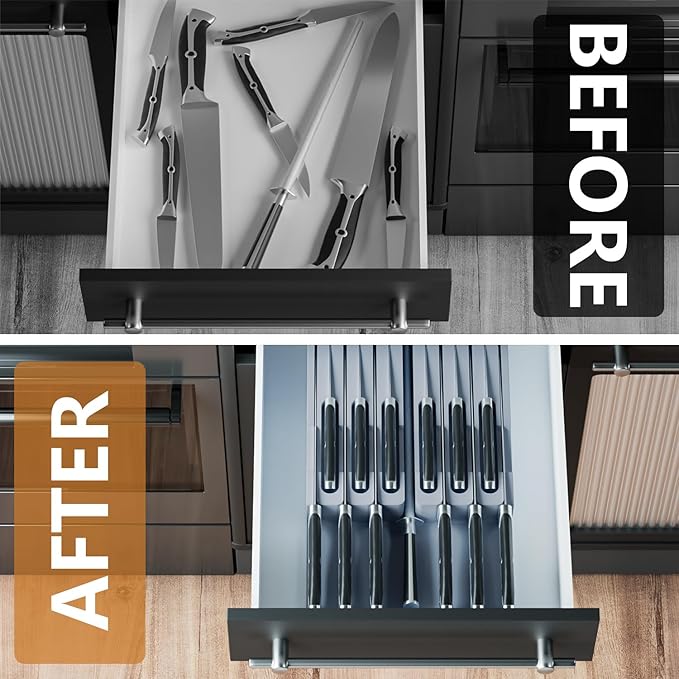 Domax Bamboo In-Drawer Knife Block Kitchen Knife Organizer Insert for 12 Knives and 1 Sharpening Steel(Not Included), Steak Knife Holder, Gray