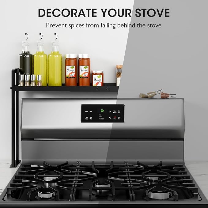 Bumusty Adjustable Stove Top Shelf – Expandable 4-Level Spice Rack and Kitchen Countertop Organizer, Anti-Slip Metal, 27"–33" Length, 11"–14" Height, Black