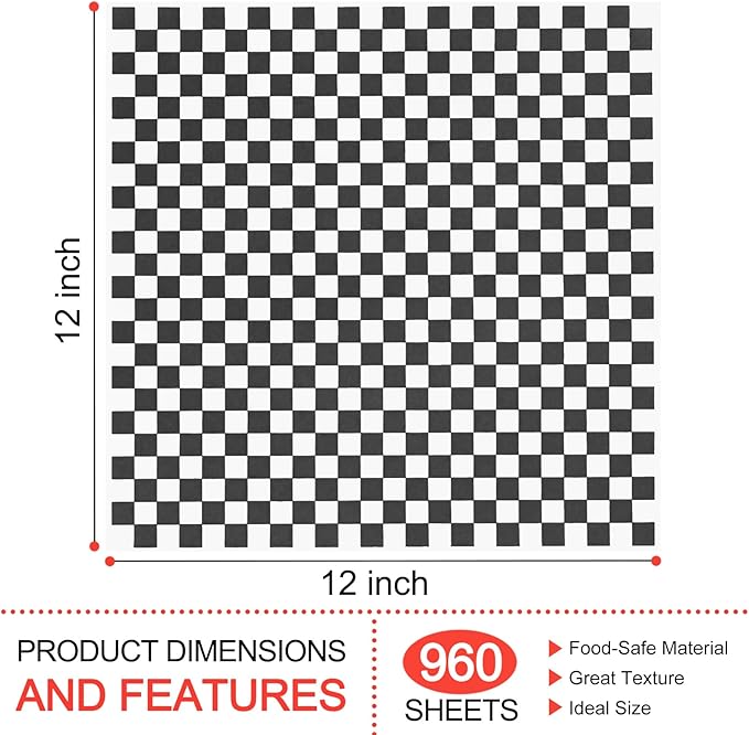 960 Pieces Deli Wax Paper Sheets 12 x 12 inches Checkered Sandwich Wrapping Paper Food Basket Liners for Food Serving, Party, Festival and Outdoors, Black