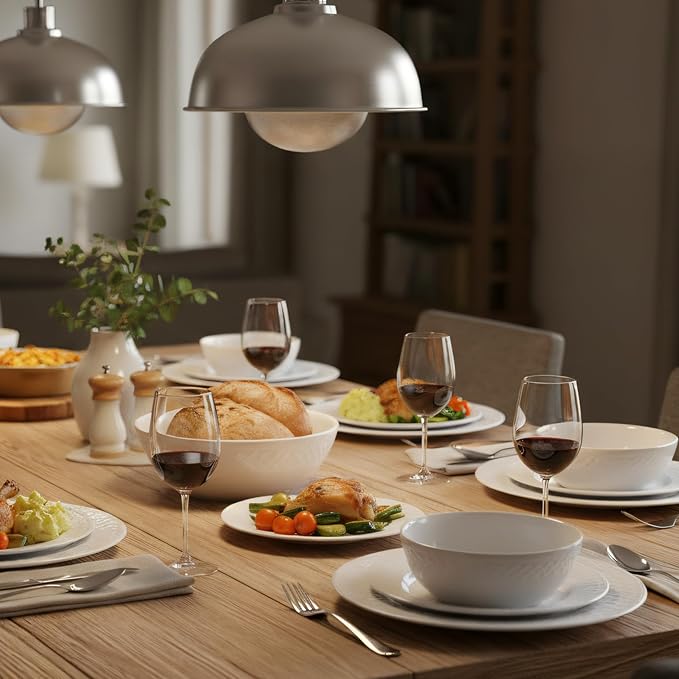 18-Piece Bone China Dinnerware Set for 6, White embossed dinnerware set, Plates and Bowls with Textured Design, Microwave Dishwasher Safe