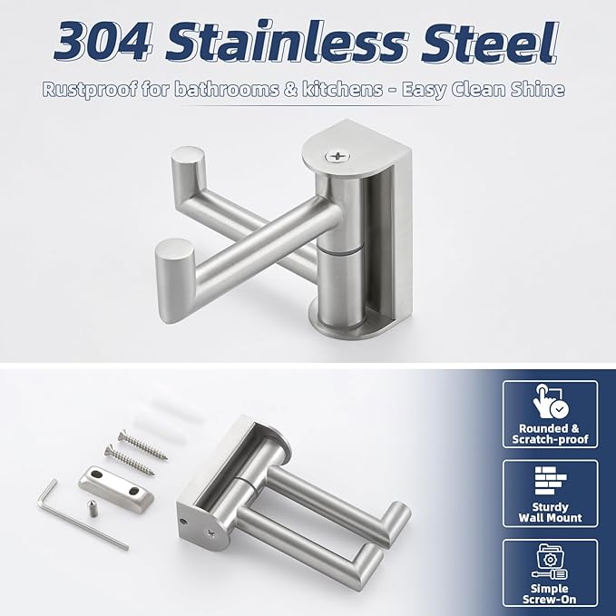 APLusee Brushed Nickel Double Swivel Towel Hook, 304 Stainless Steel Folding Clothes Hanger with Multi 2 Rotating Arms, Wall Mounted