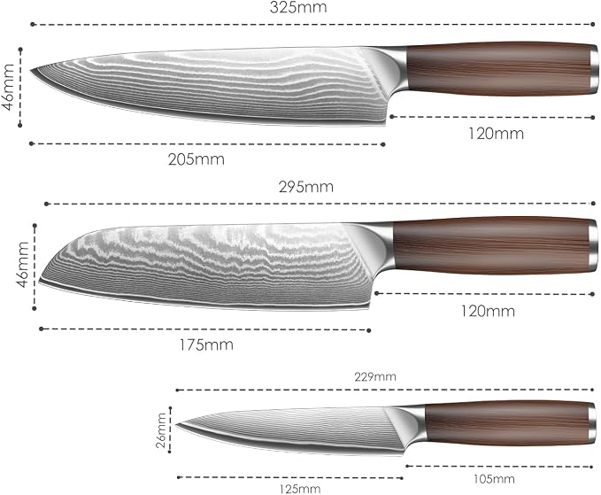 Kuwata 3 Pieces Chef Knife Set, Professional Japanese High Carbon Stainless Steel Kitchen Knife Set, Ultra Sharp Chef Knives Sets with Ergonomic Color Wooden Handle