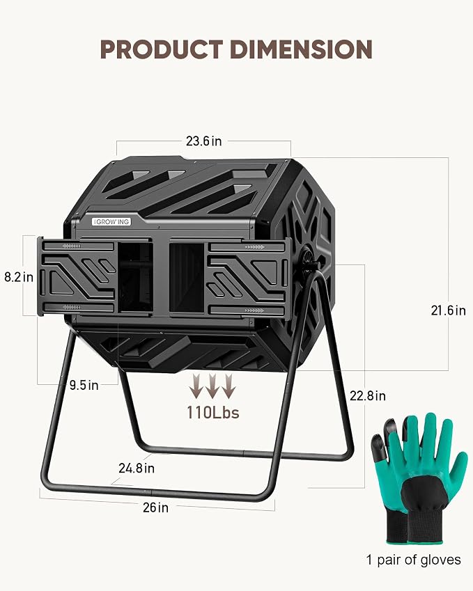 THE Growing 43 Gal Outdoor Compost Bin Tumbler for Backyard Garden, Black | Twin 21.5gal heat-absorbing chambers. Pre-embedded nuts for fast outdoor setup. Durable resin deters pests and bad odors.