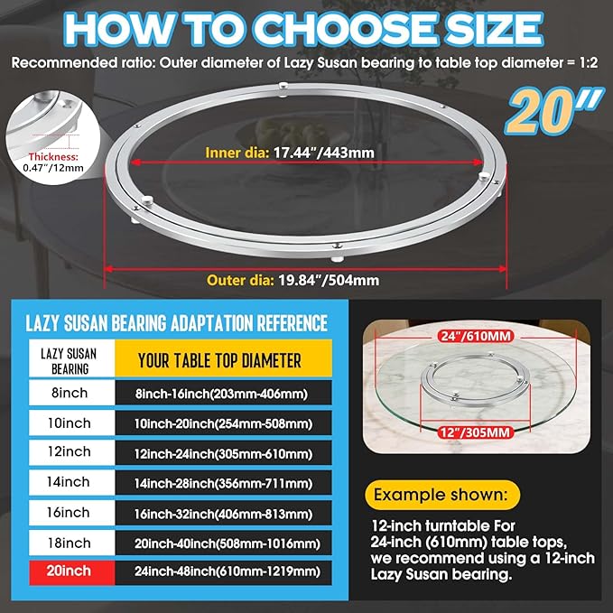 Lazy Susan Hardware,20 inch Heavy Duty Lazy Susan Bearing Kit,Rotating Serving Turntable for Aluminium Alloy Turntable Bearing,Swivel Base Hardware for Dining Table,DIY,Display Stand,Workbench