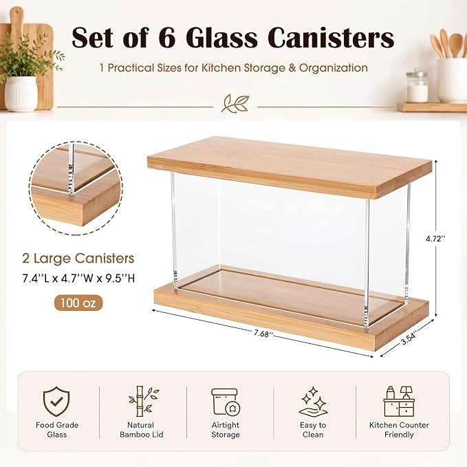6 Pack Square Acrylic Pantry Storage Containers with Lid Cereal Containers Storage with 144 Pantry Labels, 100oz Small Spice Jars with Airtight Bamboo Lids and Spoon for Sugar, Cereal, Spice