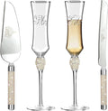 Wedding Cake Knife and Server Set, Mr and Mrs Champagne Flutes Glasses for Bride and Groom Decorated with Colorful Rhinestones, Wedding Gifts for Newly Engaged Couple (Silver)