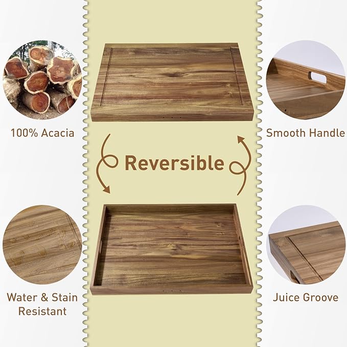 Acacia Wood Stove Cover for Gas & Electric Burners, 28.82”x20.83”x2.12'' (Inner) Noodle Board with Handles, Cutting Board with Juice Groove, Serving Tray (Natural Acacia)