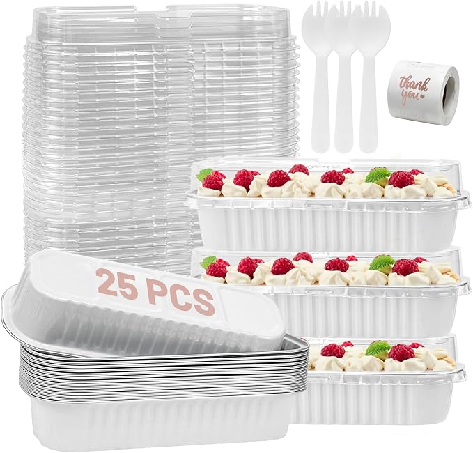 25Pack White Mini Cake Pans with Lids 6.8 Oz Mini Loaf Pans and Spoons and Stickers, Aluminum Foil Pans Tins, Individual Dessert Cups Containers for Sales,Party,Picnics