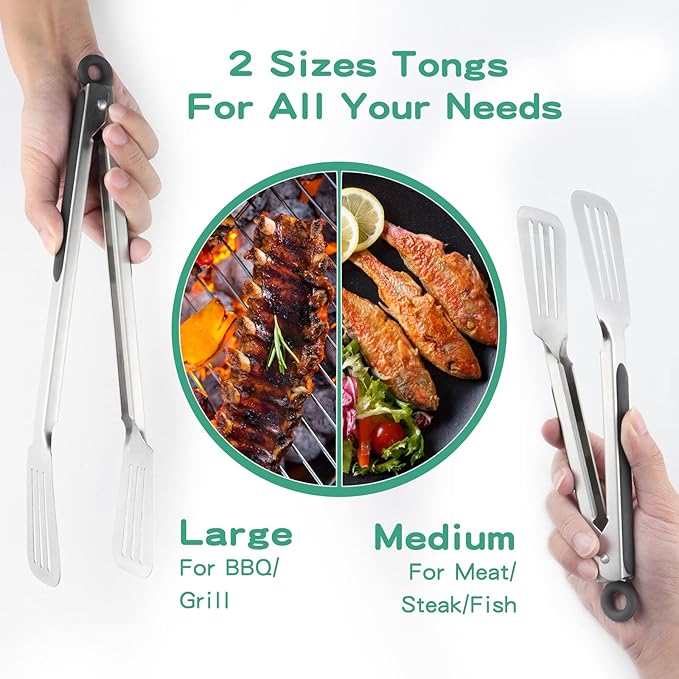 Set of 2 Stainless Steel Spatula Tongs for Cooking and Grilling, 7.67 Inch Pastry Brush Silicone Basting Brush, Comfortable Grip, Dishwasher Safe