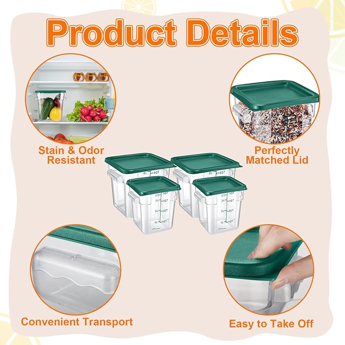 Suclain 8 Pack 4 QT and 6 QT Food Storage Containers with Lids Scales Handles Square Clear Restaurant Food Storage Containers Polycarbonate Commercial Grade for Kitchen Marinating Meat Dough(Green)