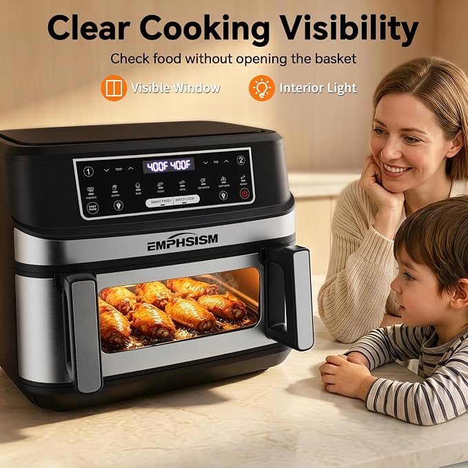 Emphsism 12QT Large Dual Zone Air Fryer with Divider, Match Cook & Smart Finish, Air Fry/Roast/Bake/Toast/Dehydrate/Reheat/Keep Warm/Preheat, Nonstick Dishwasher-Safe Basket, Digital Touchscreen