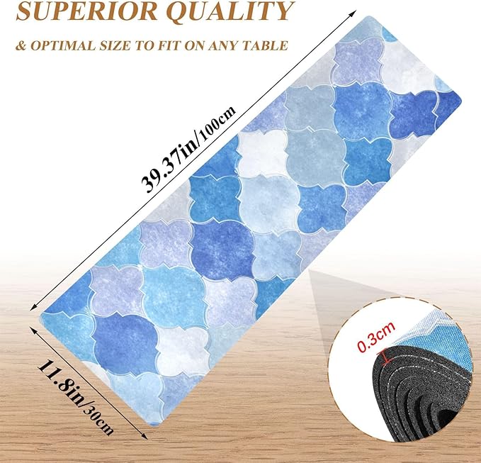 2 in 1 Table Runner Trivet for Hot Pots and Pans Heat Resistant Non Slip Waterproof 39 x 12 Inch Decorative Table Protector for Kitchen Countertop Eid Geometric Blue