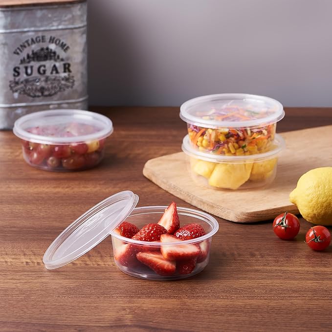 FULING [50 Set - 8 oz. Plastic Deli Food Storage Containers With Lids Disposable Clear Small Togo Containers …