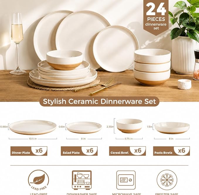GBHOME 24-Piece Ceramic Dinnerware Set for 6, Handpainted Plates, Pasta Bowls & Bowls Set with Rustic Terracotta Underside, Scratch-Resistant, Dishwasher & Microwave Safe,Speckled Glaze Beige