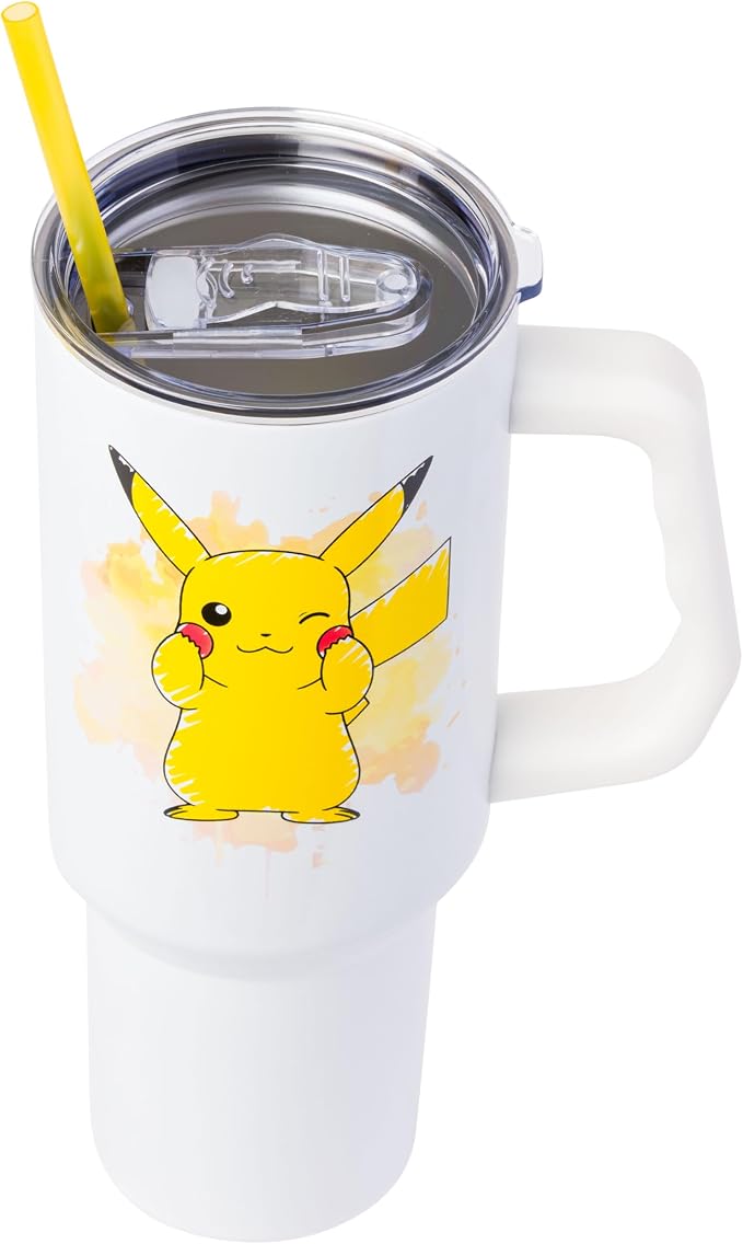 Silver Buffalo Pokémon Featuring Pikachu Double Walled Stainless Steel Tumbler with Handle, Fits in Standard Cup Holder, 40 Ounces