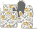 Oven Mitts and Pot Holders Vintage Flower Peony Floral Silicone Kitchen Accessories Set of 4 Heat Resistant Long Gloves Potholder Non-Slip Grip for Chef Cooking Baking Grilling BBQ