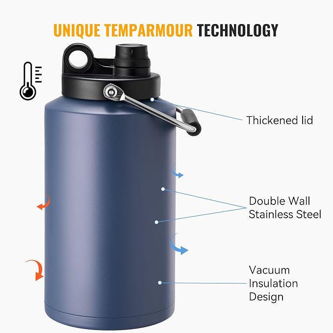 Insulated Gallon Jug with Handle, One Gallon, 128oz Stainless Steel, Large Double Vacuum Water Bottle for Cold Drinks, Wide Mouth, Sweat Proof, Carrier bag, Great for Travel, Camping, Dark Blue