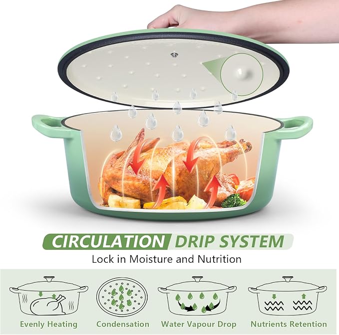 P&P CHEF Oval Dutch Oven with Lid, Enameled Cast Dutch Oven Pot for Bread Baking, Braising, Stewing, Roasting, Non-Stick & Oven Safe, Dual Handles & Easy Clean, 7QT & Pistachio Green, Valentine's Day