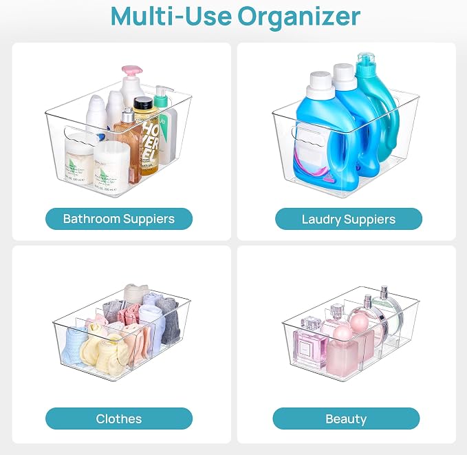 Vtopmart 8 Pack Clear Plastic Storage Bins Set, 4 Large Pantry Organizer Bins with Handle and 4 Medium Snack Organizer Bins with 4-Compartment for Pantry, Kitchen, Fridge, Cabinet Organization