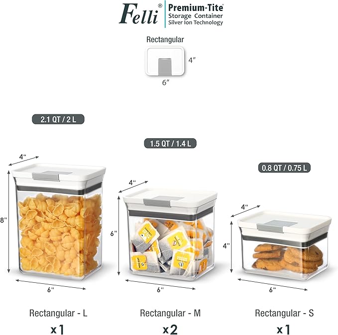 Felli Premium Tite Airtight Storage Container Set, 4 Pack - Clear Plastic Canisters with Easy Flip Lock Lids, Stackable Kitchen Pantry & Bathroom Organizer for Snacks, Dry Goods, Makeup, BPA Free
