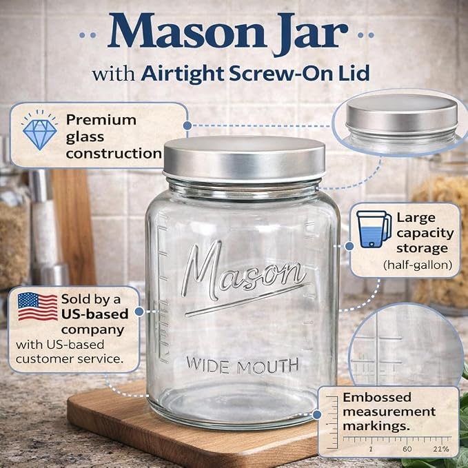 Kitchentoolz Half Gallon Glass Mason Jars with Extra Wide Mouth & Metal Lids - Airtight Food Storage & Canning Jars with Measurement Markings - 1/2 Gallon Mason Jar (4pk)
