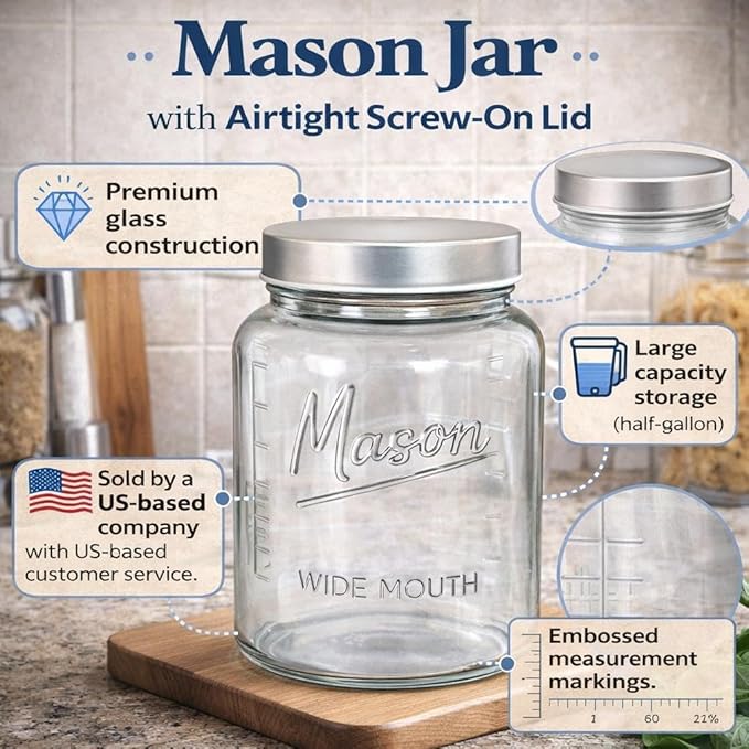 Kitchentoolz 64 oz Mason Jars Wide Mouth 2-Pack – Half Gallon Glass Jar with Lid – 1/2 Gallon Large Mason Jars with Lids for Food Storage, Canning, and Fermenting