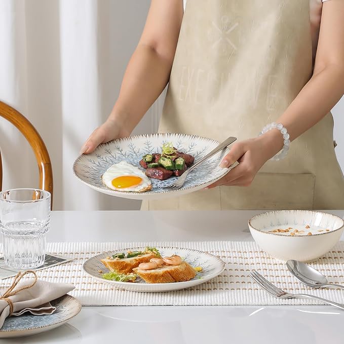 DOMICREVERY Ceramic Dinnerware Sets for 4, 12 pcs Scratch Resistant Dish Set, Blue Branch