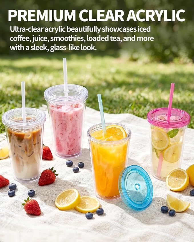 Zukro Clear Tumbler with Lid and Straw 16 oz, Wide Mouth Double Walled Insulated Reusable Acrylic Plastic Iced Coffee To Go Cup for Loaded Tea, Water, Lemonade, Fit in Cupholder, BPA Free, 4 Pack