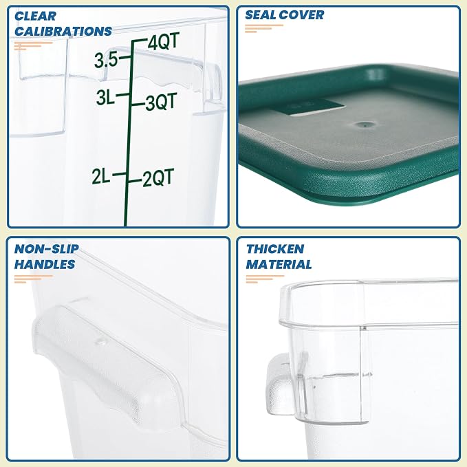 BIEAMA 4 Pack Food Storage Containers with Lids, 4 Quart Square Commercial Food Containers, NSF, Polycarbonate, Clear