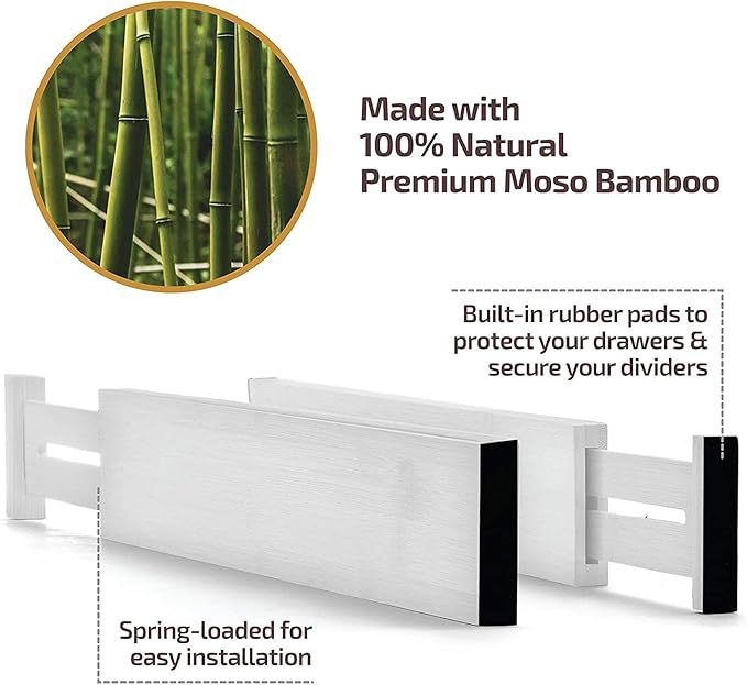 4-Pack Drawer Dividers - 2.6 Inches High, Adjustable 16 to 22 Inches Bamboo Drawer Organizer, Large Expandable Separator for Clothes, Dresser, Bedroom, Bathroom, Baby, Office, Kitchen Utensils, White
