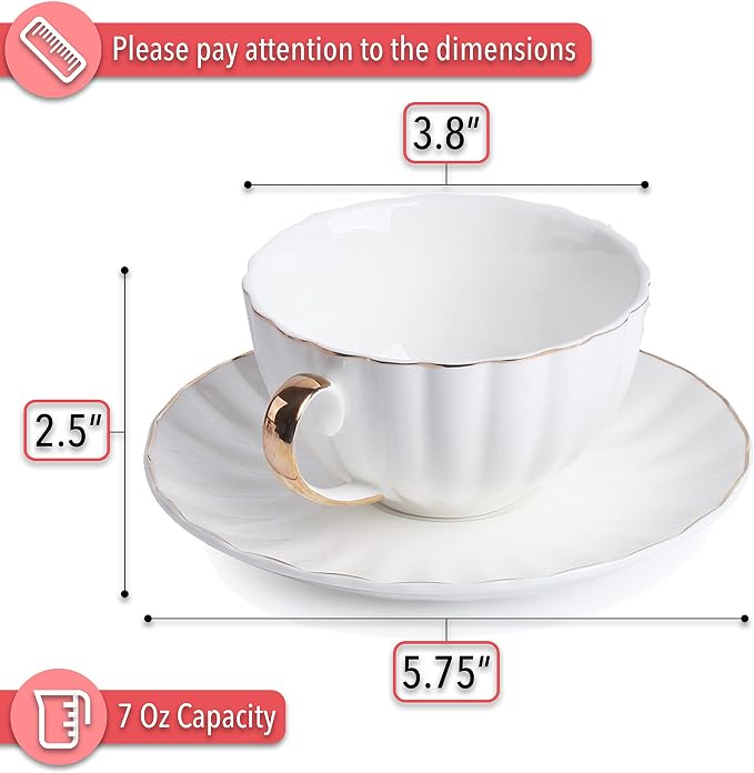 BTaT- Cappuccino Cups with Saucers 7 oz, Set of 6, Golden Trim Design | White Porcelain Coffee Cup Set, Dishwasher Safe, Ideal for Mocha Tea Au Lait Flat