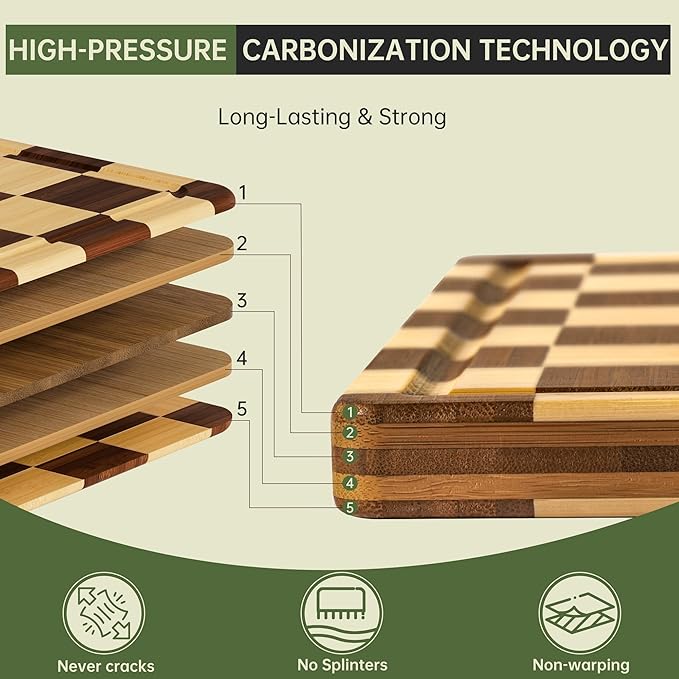 THETCHRY Bamboo Cutting Boards for Kitchen, Checkered Wooden Cutting Board with Juice Groove, Non Slip, Non Toxic Serving Tray, Thick Large Chopping Board Gift for Home Chef, 16.5” x 11.6” x 0.8”