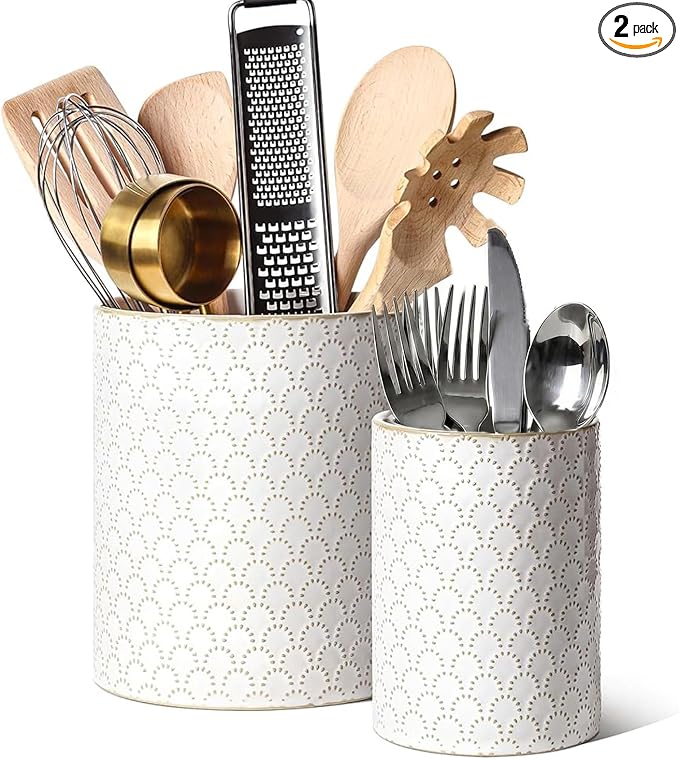 LE TAUCI Kitchen Utensil Holder for Countertop - 7.1"+5.4" Ceramic Utensil Crock Set of 2, Large Cooking Utensil Organizer for Spatula, Spoon, Whisk - Farmhouse Storage, Embossed, Fireworks