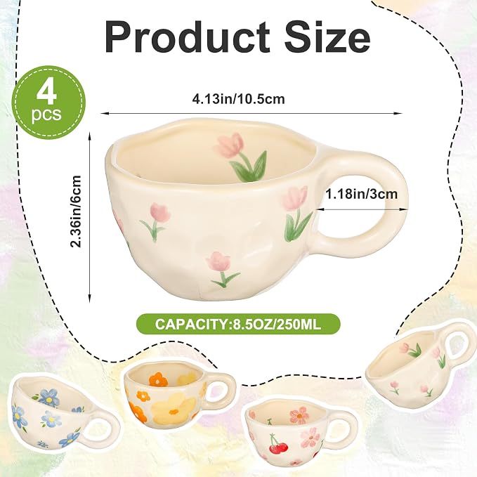 4 Styles Cute Spring Ceramic Flower Coffee Mug Set 8.5 oz Vintage Aesthetic Porcelain Floral Tea Coffee Cup with Handle Dishwasher Microwave Safe for Mother's Day Easter Gift for Women