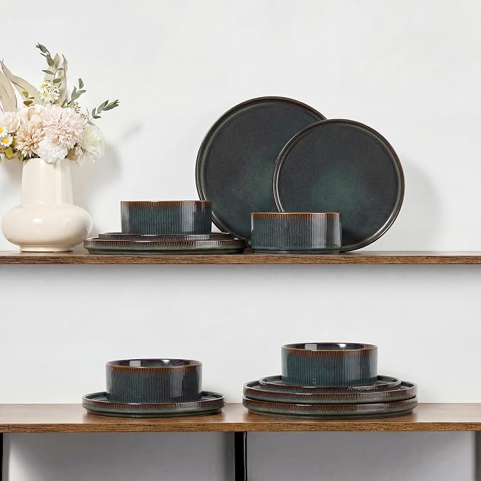 E-far Stoneware Dinnerware Sets for 2, 6-Piece Plates and Bowls Sets, Chip & Scratch Resistant Ribbed Dish Set for Home Restaurant, Microwave & Dishwasher Safe, Blackish Green