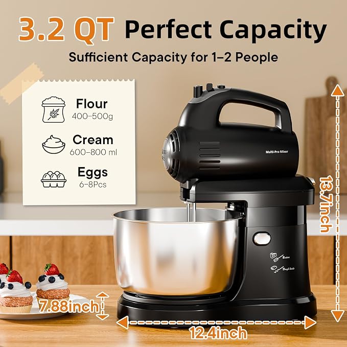 3.2QT 2-in-1 Stand Mixer, Electric Kitchen Mixer with Auto-Rotating Bowl & Tilt-Head, 5-Speed 250W Turbo Baking Machine for Beginners with Beater & Dough Hook for Cookie, Bread, Cake (Black)