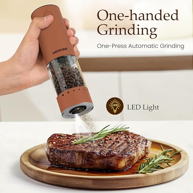 Newise Electric Salt and Pepper Grinder Set Rechargeable with LED Lights, Automatic Pepper & Salt Mill, Adjustable Coarseness, Large Capacity, Brown