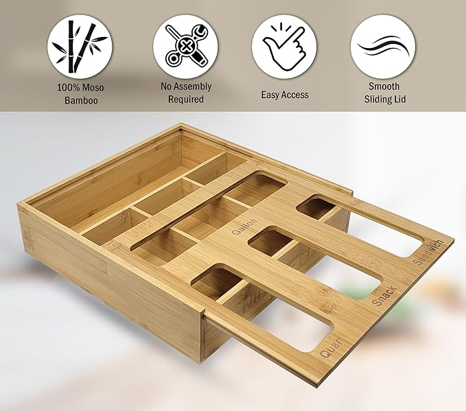 Bamboo Ziplock Storage Organizer for Kitchen Drawer with Sliding Lid – 4 Slot Holder for Gallon, Quart, Snack & Sandwich Bags